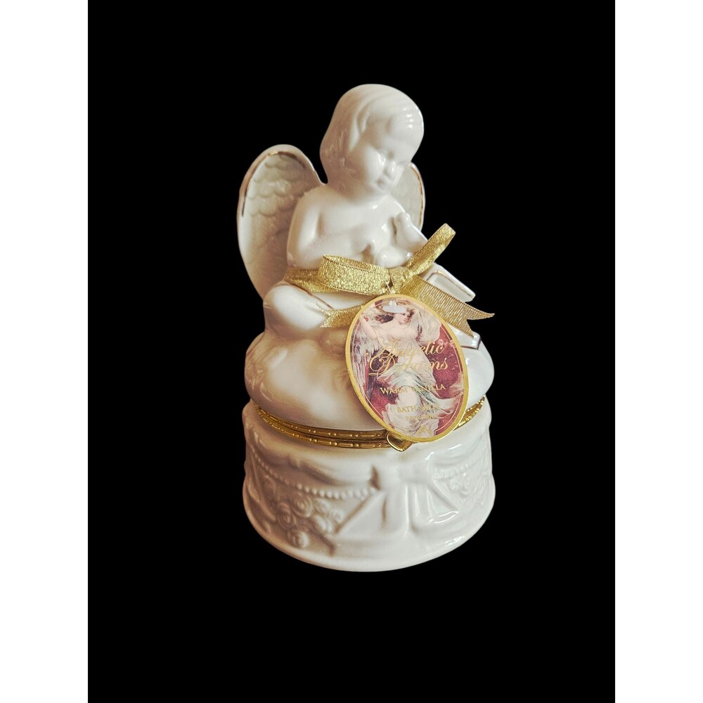 Vintage Style Ceramic Angel Trinket Box, White & Gold Angel Keepsake Box